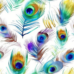 Obraz premium Peacock feathers watercolor seamless repeat pattern on white background [Generative AI] 