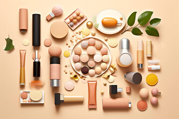 Fototapeta na wymiar Collection of organic decorative cosmetics on light apricot background. Bright summer colors. Top view. Generative Ai content