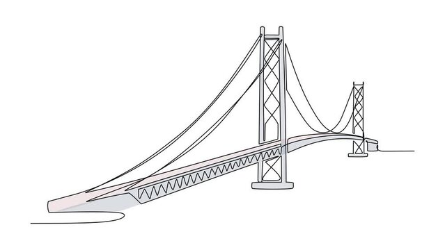 Animated self drawing of single continuous line draw for bridge structure. architechtural design concept for bridge and building. Building icon animation. Full length one line animation.