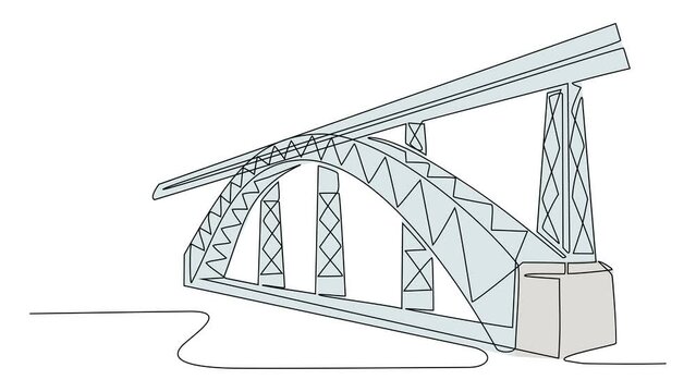 Animated self drawing of single continuous line draw for bridge structure. architechtural design concept for bridge and building. Building icon animation. Full length one line animation.