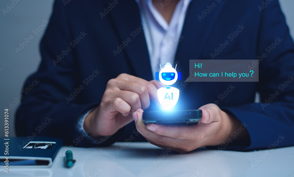 Poster chat bot concept. ai, artificial intelligence. businessman using technology smart robot chat ai, ent