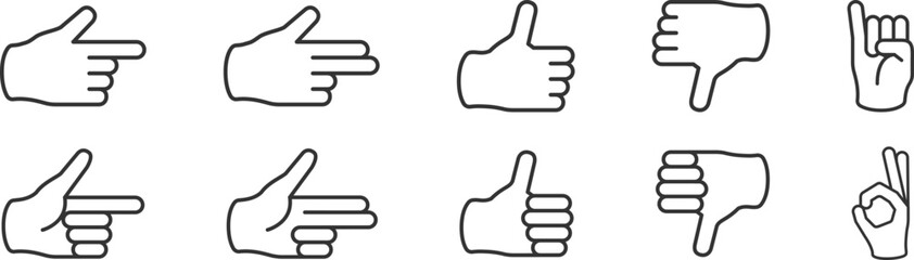 Hand gesture icon set of various shapesIncluded icons as fingers interaction, pinky swear, forefinger point, greeting, pinch, hand washing and more. Vector illustration