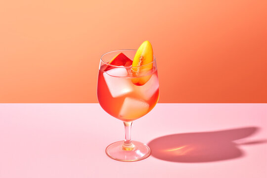 Bright and cocktail image of peach spritzer against the background in the color of apricot crush . Close-up. Generative Ai content