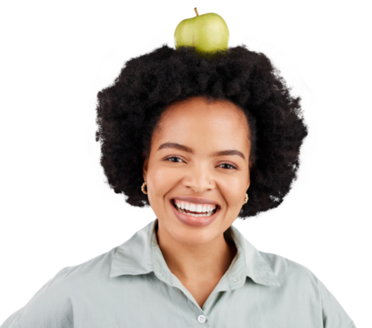 Portrait, apple and happy black woman with healthy eating, diet or balance on isolated, transparent or png background. Fruit, face and African lady nutritionist with organic snack or lose weight plan