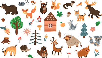 Set of forest animals. Drawn style. White background, isolate. Vector illustration. © Helga KOV