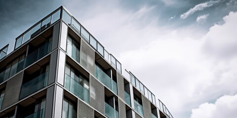 Modern contemporary apartment building, blue sky. Generative AI AIG20. - obrazy, fototapety, plakaty