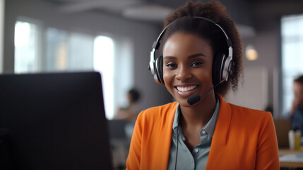 African woman working in a call center office. 