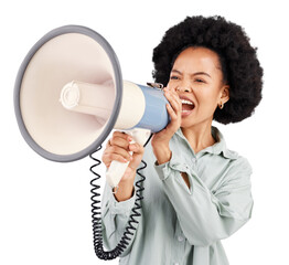 Megaphone, speech and black woman with news announcement on isolated, transparent or png...