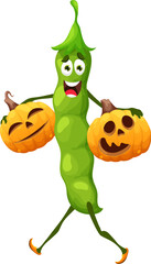 Cartoon Halloween pea character with pumpkins. Isolated vector bean pod vegetable walking on holiday party with jack lanterns in hands. Funny amusing veggies healthy food personage with smiling face