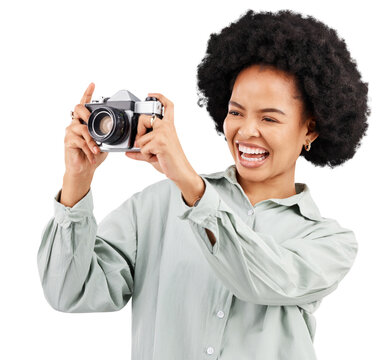 Click, camera photographer and woman laugh isolated on a transparent, png background. Photography, professional and happy African female person ready to start filming, photoshoot or taking picture