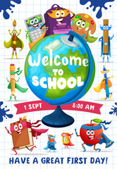 Back to school flyer, cartoon superhero stationery characters, vector poster. Welcome back to school, education books, pens and student stationery supplies on textbook checkered background