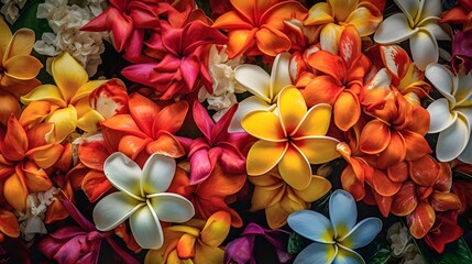 Fototapeta na wymiar Balinese Tropical Flowers wall background with amazing white, yellow, orange, and blue frangipani flowers, massage decoration, wedding decoration