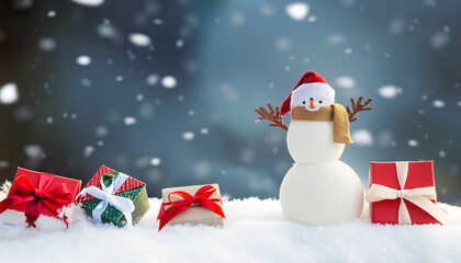 Humorous snowman, gift box, and fir branches in snowy winter landscape. Generative AI