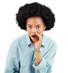 Hands, secret and portrait of black woman with whisper gossip on isolated, transparent and png...