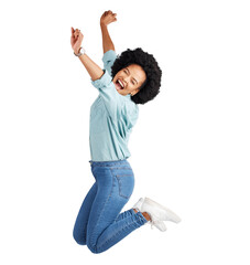 Happy, portrait and black woman jump celebration of good news on isolated, transparent or png background. Jumping, smile and African lady winner celebrating bonus, promotion or giveaway announcement