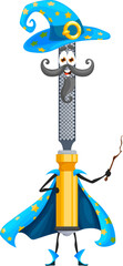 Cartoon halloween file or rasp tool wizard character. Isolated vector repair, diy, carpentry or construction instrument hold magic wand. Funny smiling personage dressed in warlock robe celebrate party