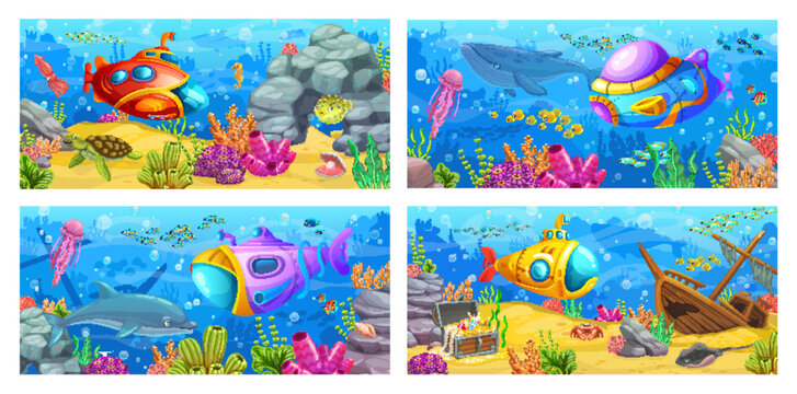 Cartoon underwater sea submarine and bathyscaphe on vector background of deep ocean water landscape. Color underwater ships and boats with periscopes and portholes, coral reef, fish and animals