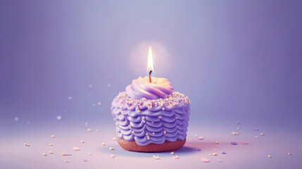 Obraz na płótnie Canvas Сake With One Candle On A Lilac Background Сake One Year Greeting Card Design. Generative AI