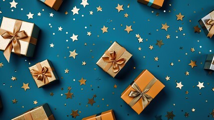 Gift boxes on the blue background with gold stars, top view, Generative AI