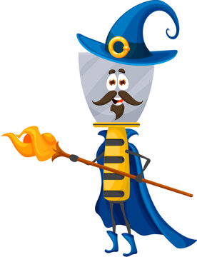 Cartoon Halloween putty knife tool wizard character holding magic staff ready for mystic summoning or performing dark incantation. Vector Diy construction instrument with funny smiling mustached face