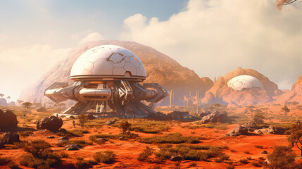 Fototapeta na wymiar A Fantastic Island Floating With Mars Colony Red Planet Outpost Interplanetary Life. Generative AI