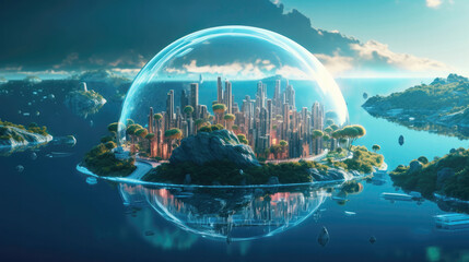 A Fantastic Island Floating With Underwater City Transparent Domes Marine Life. Generative AI