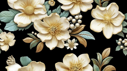 Beautiful Golden Cream Soft Yellow Pale Green Ivory Gilding Flowers Seamless Tile. Generative AI