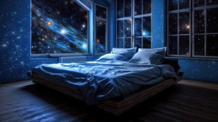 Bed With A Starry Background In The Style Of Book Art Installations. Generative AI