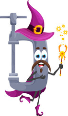 Cartoon Halloween clamp tool wizard character. Isolated vector clasp or jaw workshop instrument holding magic wand ready for party. Construction equipment warlock casting dark incantation or spell
