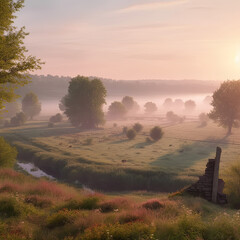 French countryside at sunrise with a lot of mist, only nature