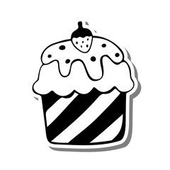 Monochrome Cupcake with Strawberry on white silhouette and Gray shadow. Vector illustration for decoration or any design.
