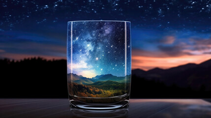 Glass Tumbler With A Starry Background In The Style Of Book Art Installations. Generative AI