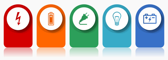 Power and energy icon set, flat design miscellaneous colorful icons such as bolt, battery, plug and light bulb for webdesign and mobile applications, infographic vector template in eps 10