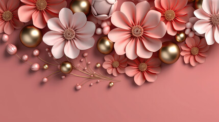 A Background With Gilding Flowers Coral Pink Greeting Card Design. Generative AI