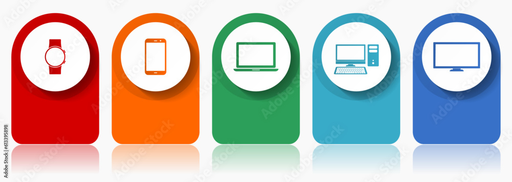 Poster electronic devices icon set, flat design miscellaneous colorful icons such as smartwatch, smartphone
