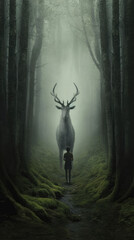 Standing Backwards The Mythical Creature Is Shown Out In Front Of A Mystical Forest. Generative AI