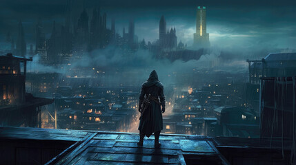 The Stealthy Assassin Is Shown Out In Front Of A Dimly Lit Cityscape. Generative AI
