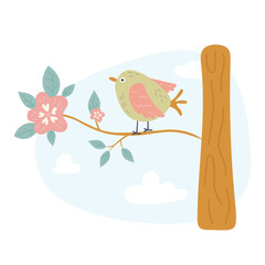 Spring bird on tree branch with leaves and flowers
