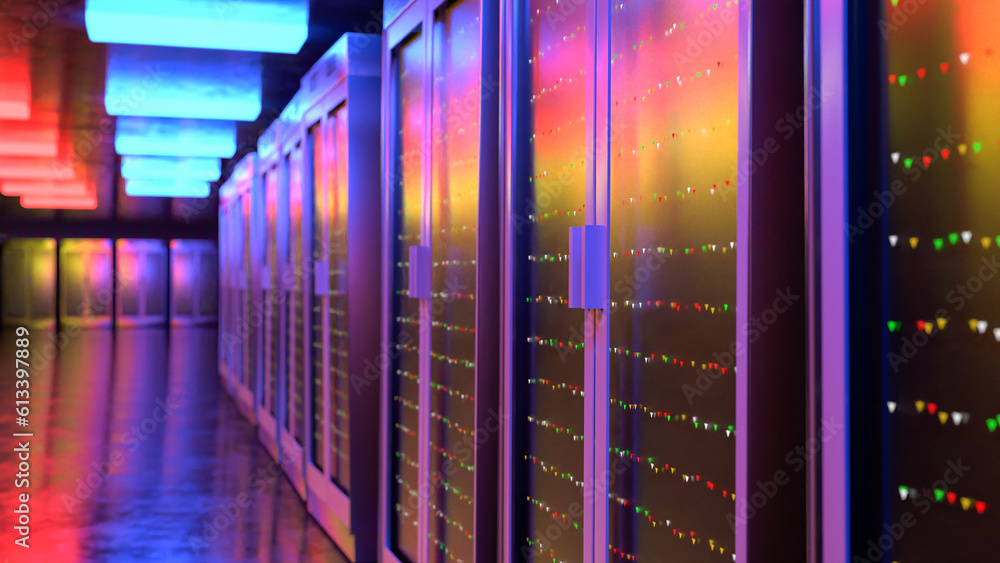 Poster server room. server data center. backup, mining, hosting, mainframe, farm and computer rack with sto