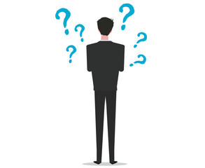 はてなマークを浮かべるビジネスマン。ベクターイラスト