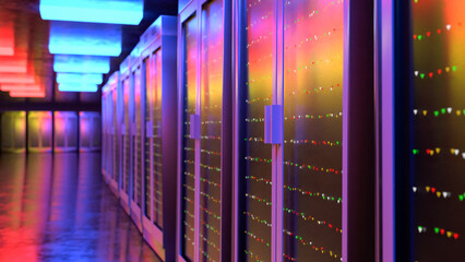 Server room. Server data center. Backup, mining, hosting, mainframe, farm and computer rack with storage information. 3d rendering
