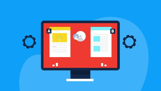 Optimizing landing page for social media ads and search engine advertising campaign, split ab testing, digital marketing strategy video animation concept.