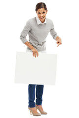 Happy, woman and pointing at blank poster for advertising isolated on transparent, png background. Female person portrait with mockup paper, banner or sign for announcement, information or space