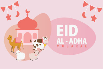Holy Eid Al Adha Mubarak Cute Banner Cartoon doodle. Islamic and Arabic Greeting flyer for Muslim Community Festival graphic print Vector
