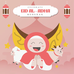 Holy Eid Al Adha Mubarak Cute Banner Cartoon doodle. Islamic and Arabic Greeting flyer for Muslim Community Festival graphic print Vector