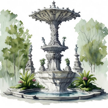 Watercolor drawinf of antique fountain created with generative AI technology
