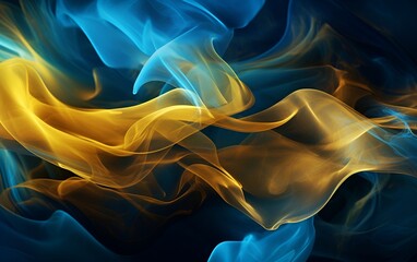 Fototapeta premium golden smoke background surrounded by blue waves, in abstraction style
