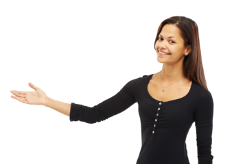 Happy woman, portrait smile and hand out for advertising isolated on a transparent PNG background. Female person smiling and standing with hands showing advertisement for marketing or presentation