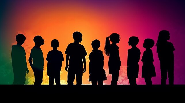 HAPPY CHILDREN SILHOUETTES ON SUNSET BACKGROUND. GENERATIVE AI.