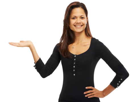 Palm, offer and portrait of business woman isolated on transparent png background for choice or presentation. Decision, show and professional latino person with why, question or hand giving sign